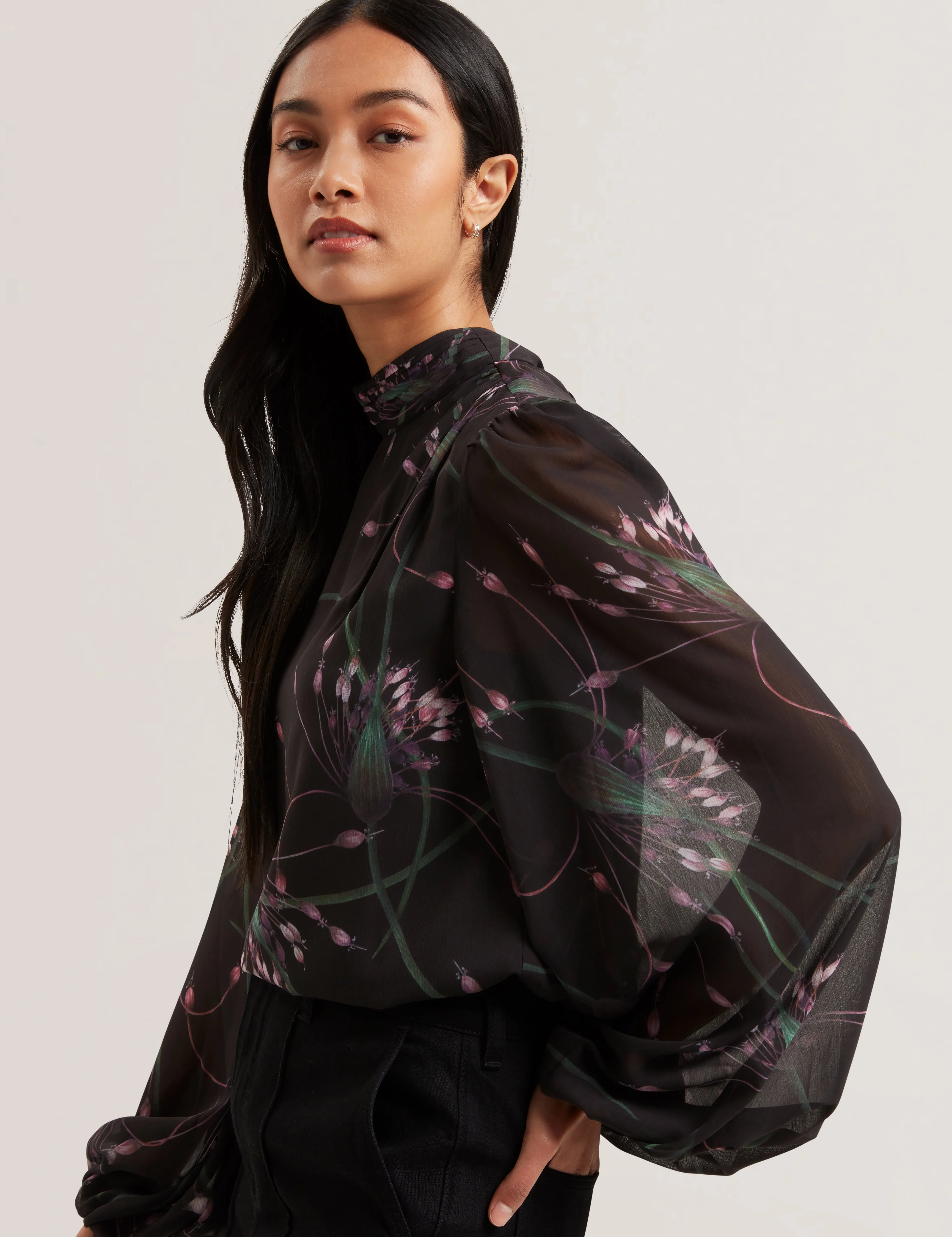 Alati Printed Tie Neck Long Sleeve Blouse Black