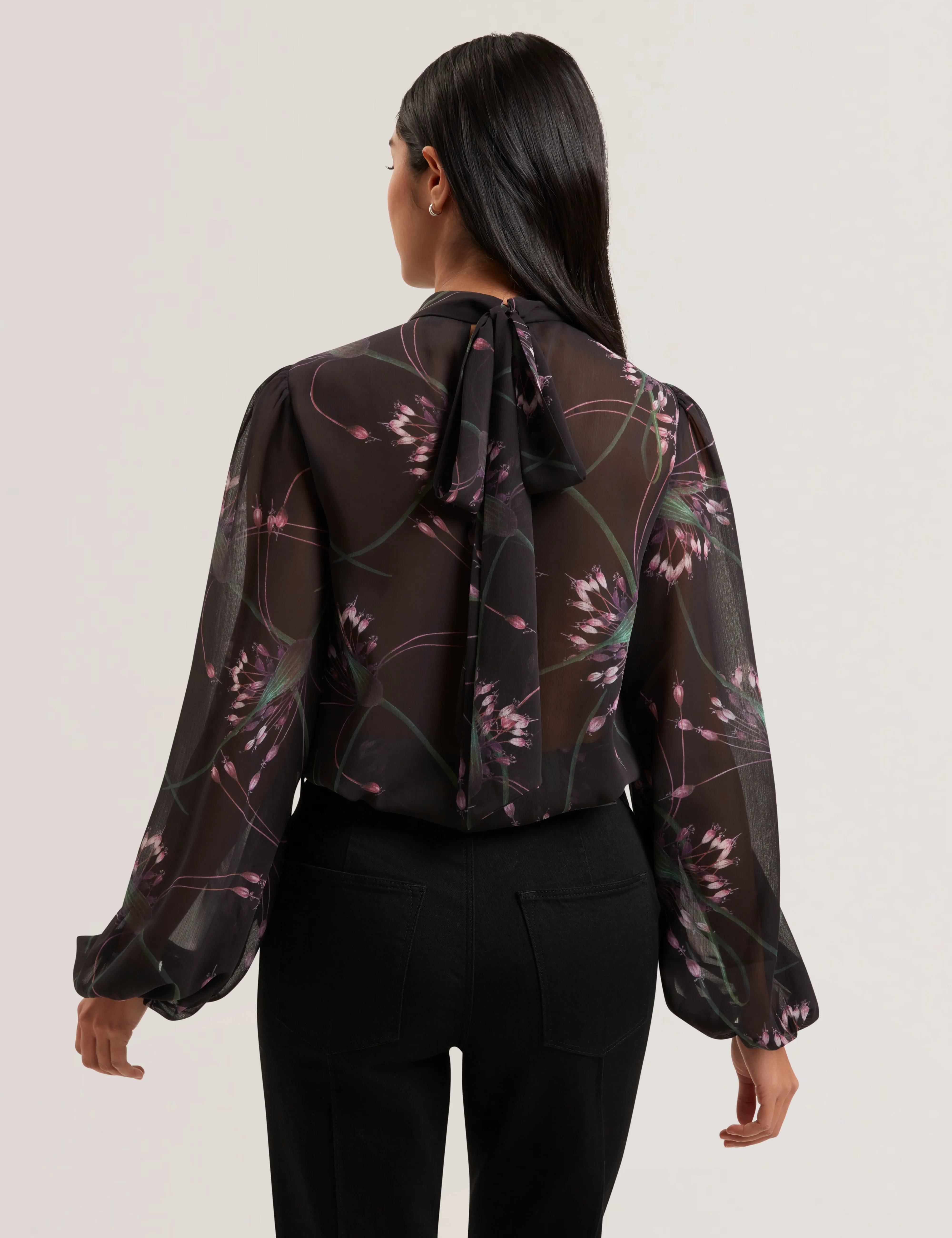 Alati Printed Tie Neck Long Sleeve Blouse Black