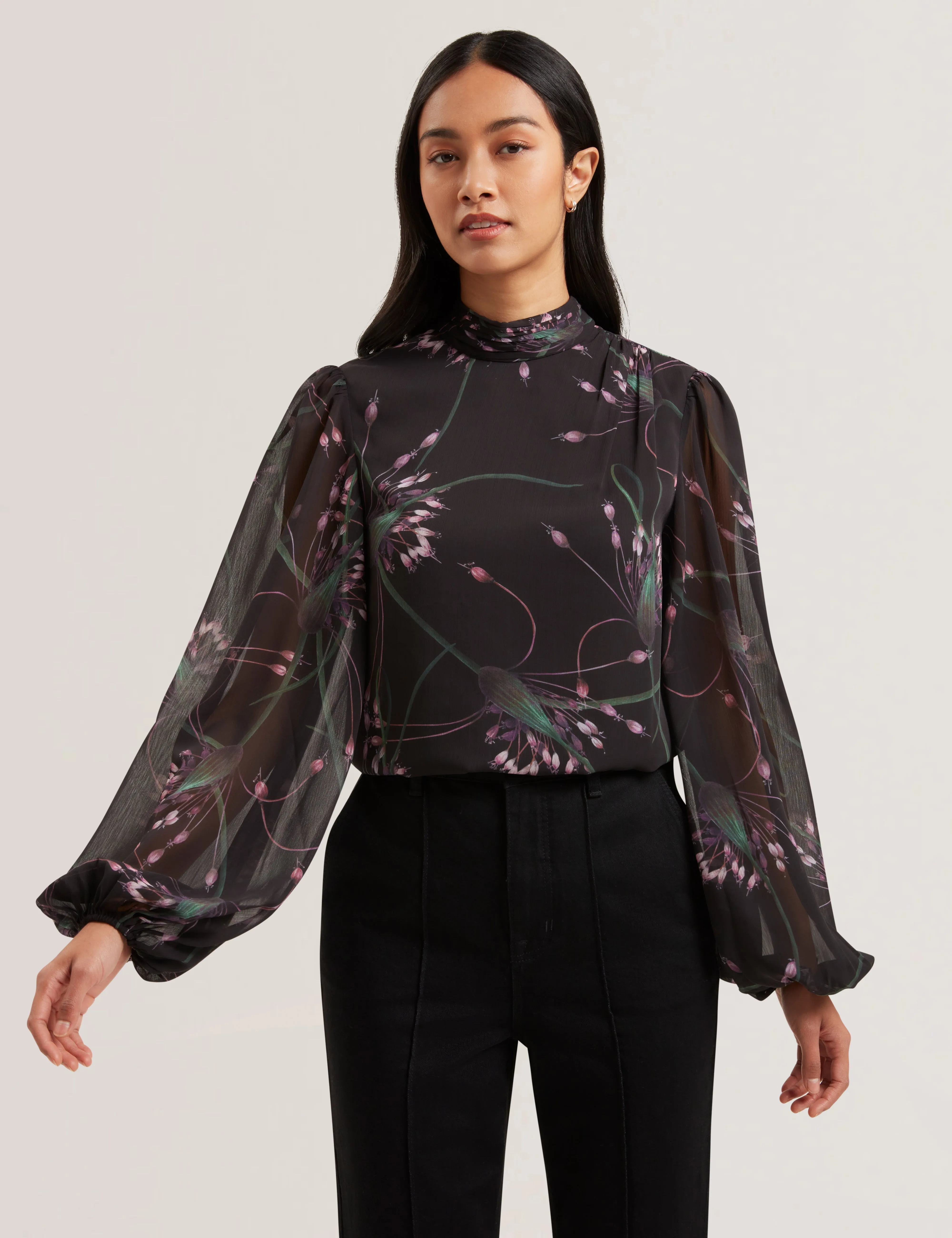 Alati Printed Tie Neck Long Sleeve Blouse Black