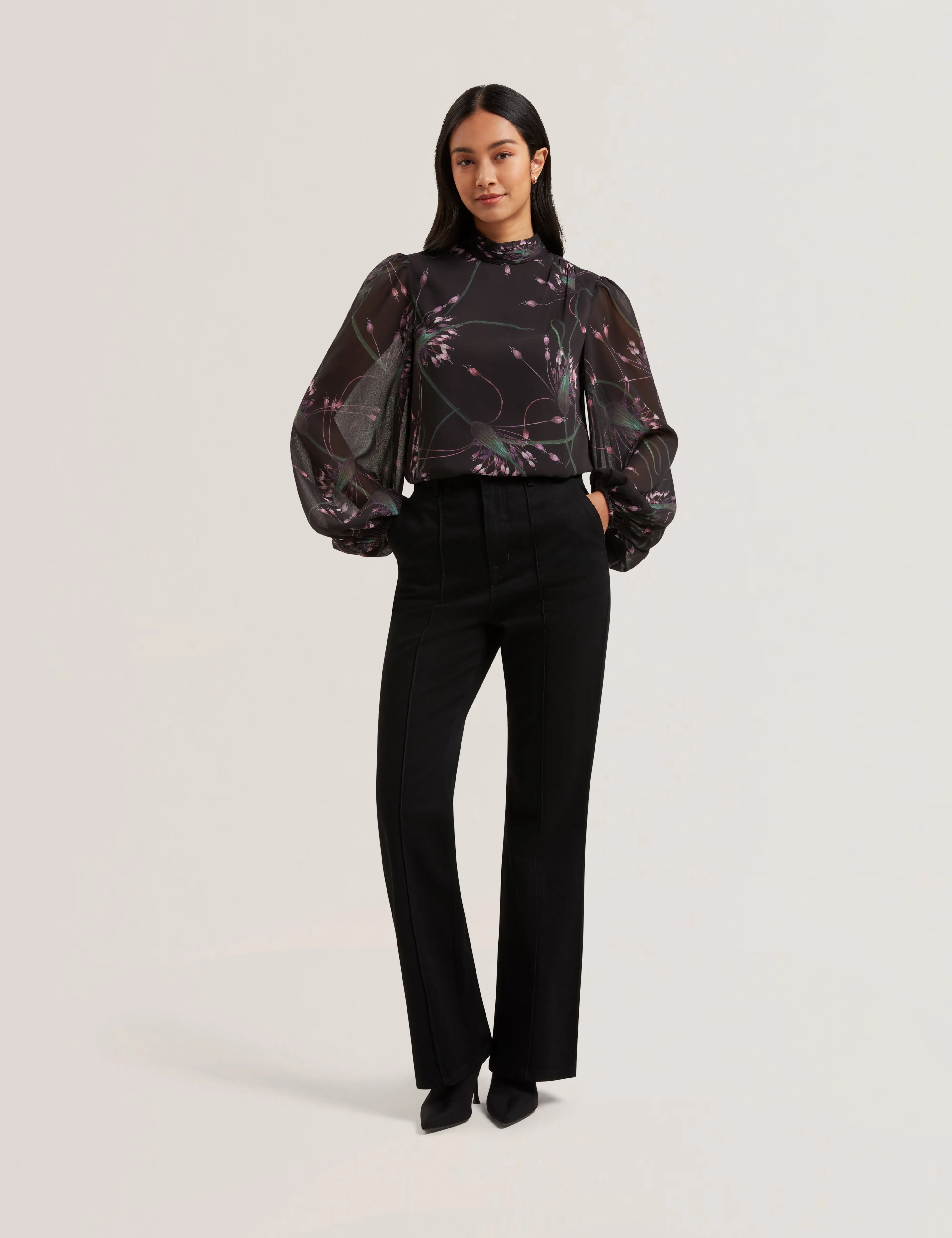 Alati Printed Tie Neck Long Sleeve Blouse Black
