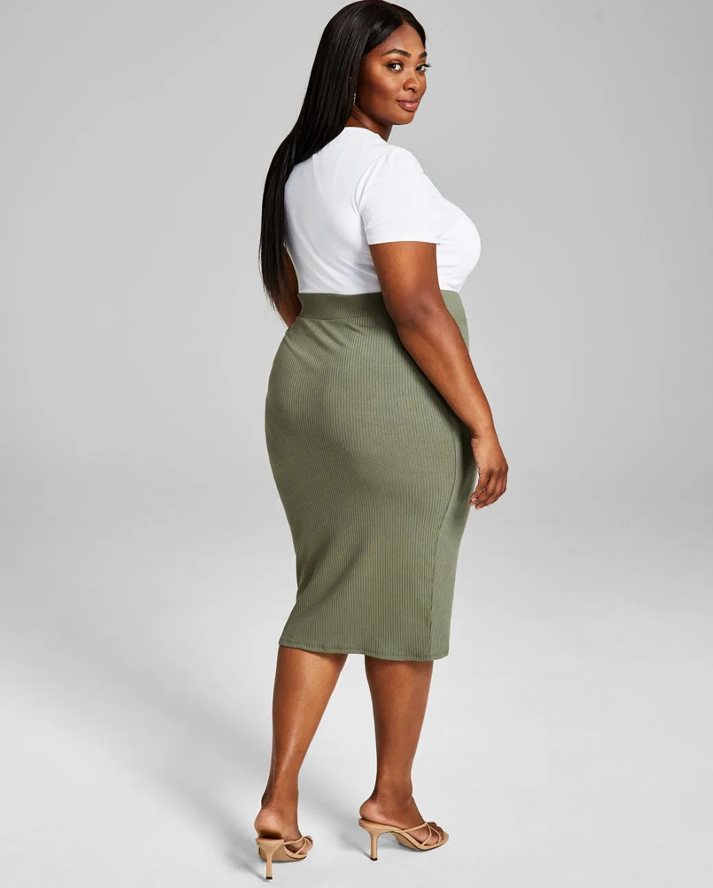 Bar III Women's Trendy Bodycon Ribbed Midi Skirt Dusty Olive Plus Size 2X
