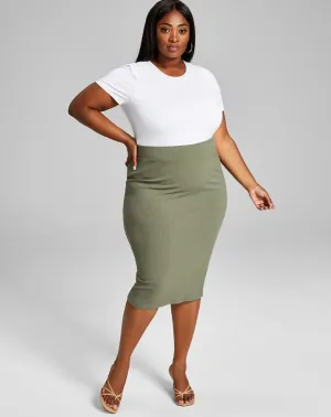 Bar III Women's Trendy Bodycon Ribbed Midi Skirt Dusty Olive Plus Size 2X