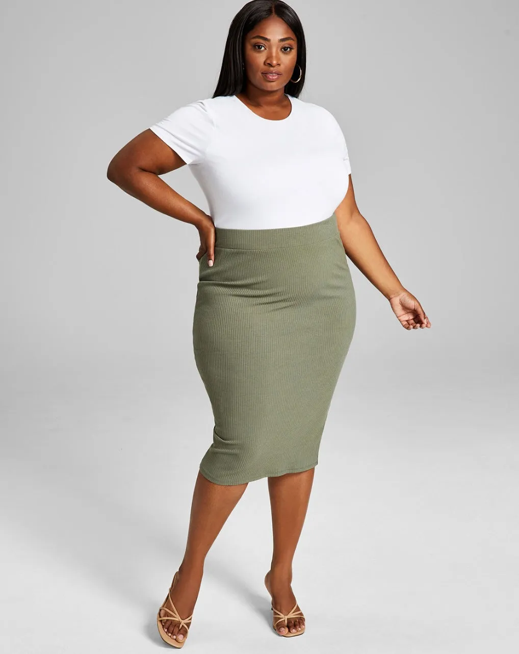 Bar III Women's Trendy Bodycon Ribbed Midi Skirt Dusty Olive Plus Size 2X