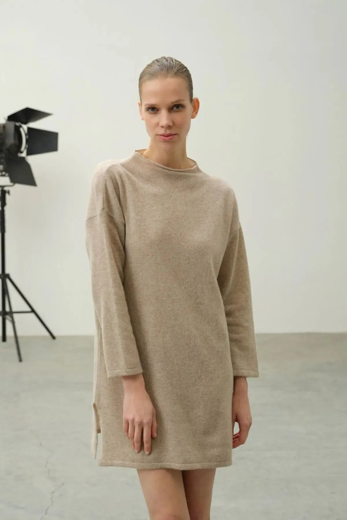 Beige Pure Cashmere Kostir High Collar Women's Tunic
