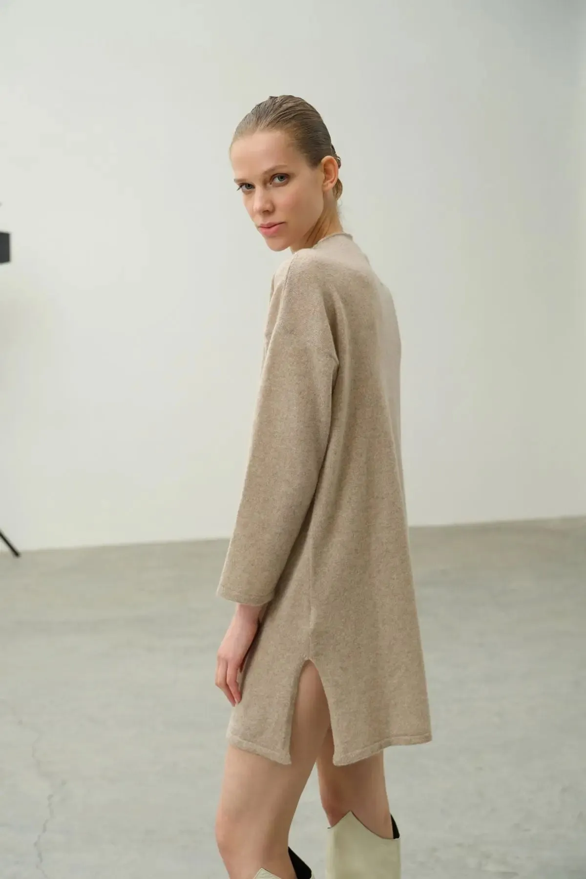 Beige Pure Cashmere Kostir High Collar Women's Tunic