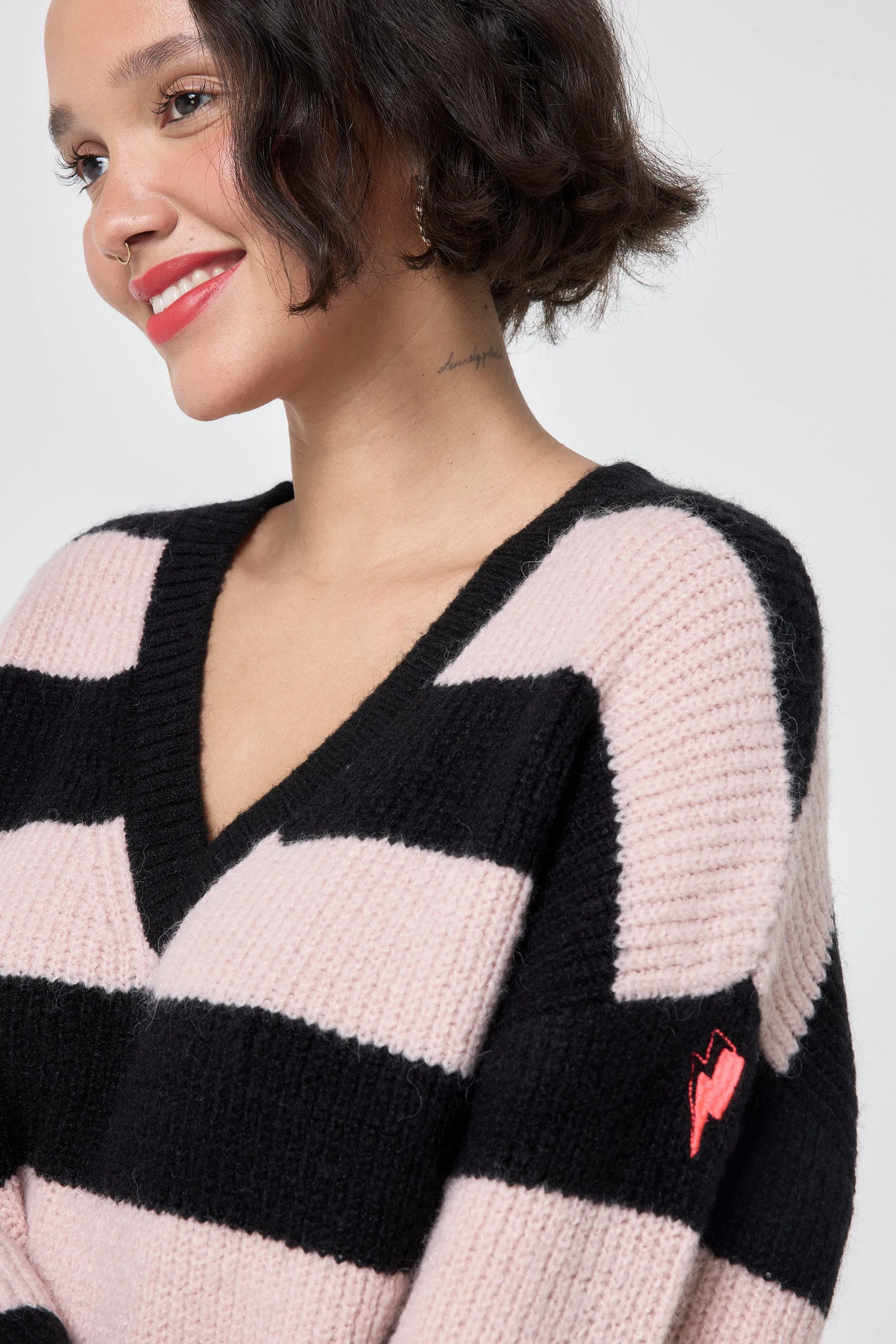 Black and Blush Pink Stripe V Neck Knit Jumper