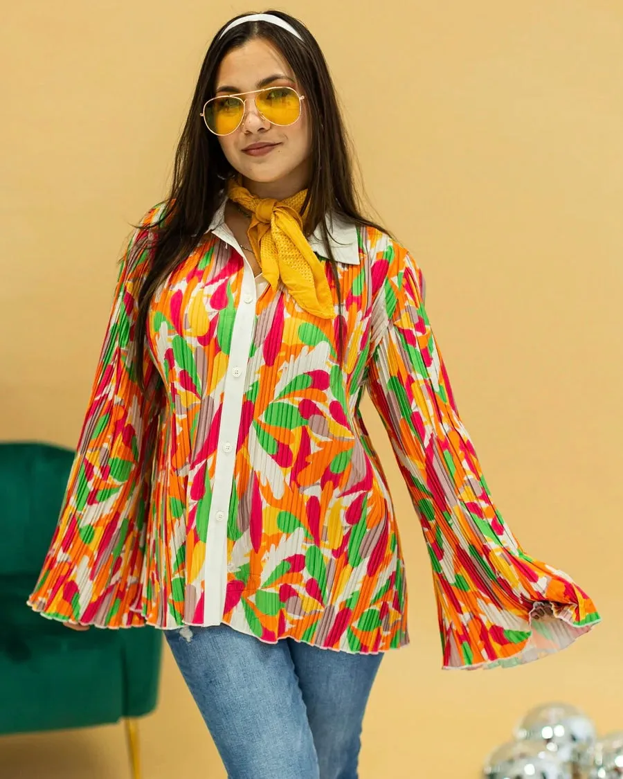 Bright Multicolor Pleat Flare Long Sleeve Button Down Blouse Top