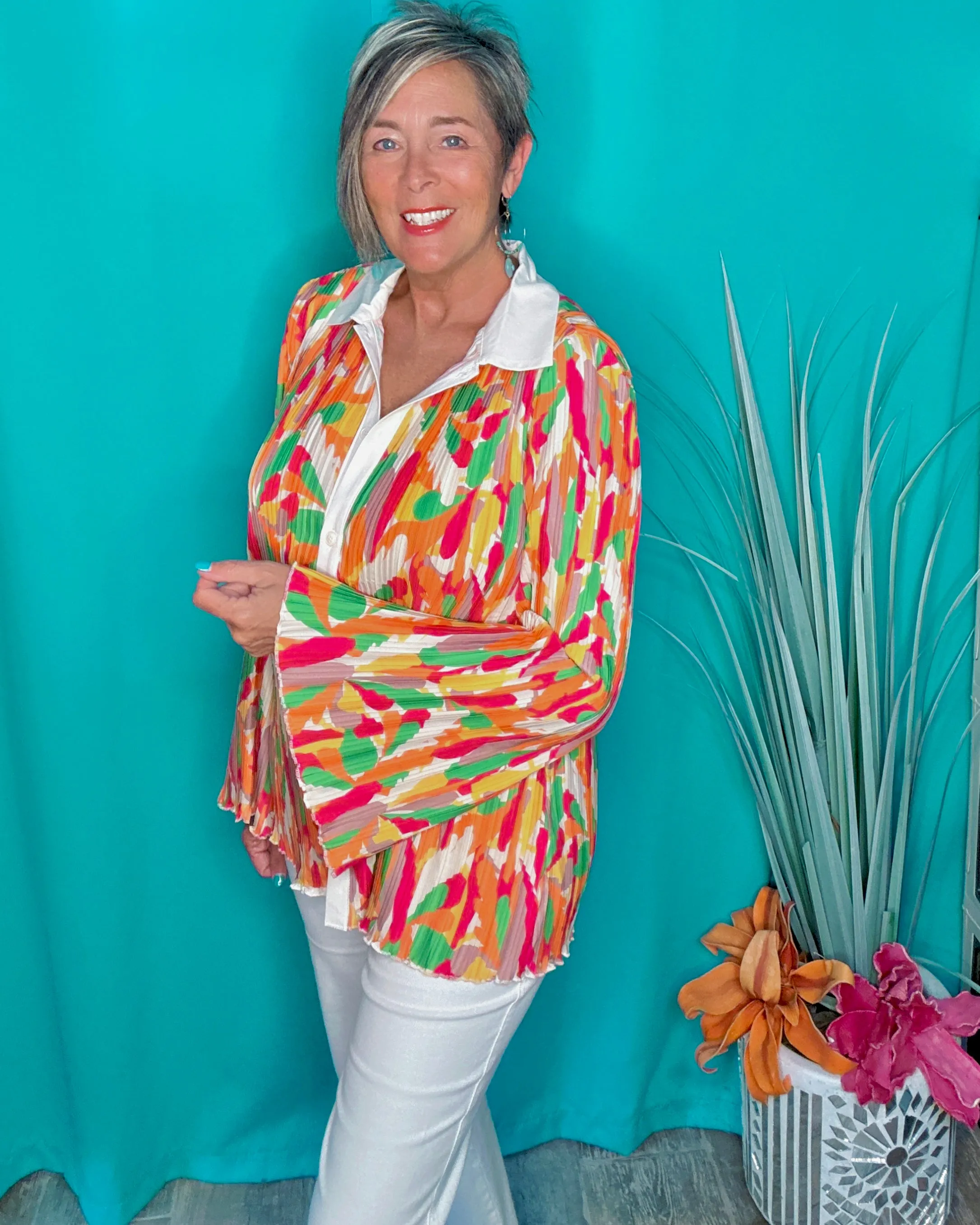 Bright Multicolor Pleat Flare Long Sleeve Button Down Blouse Top