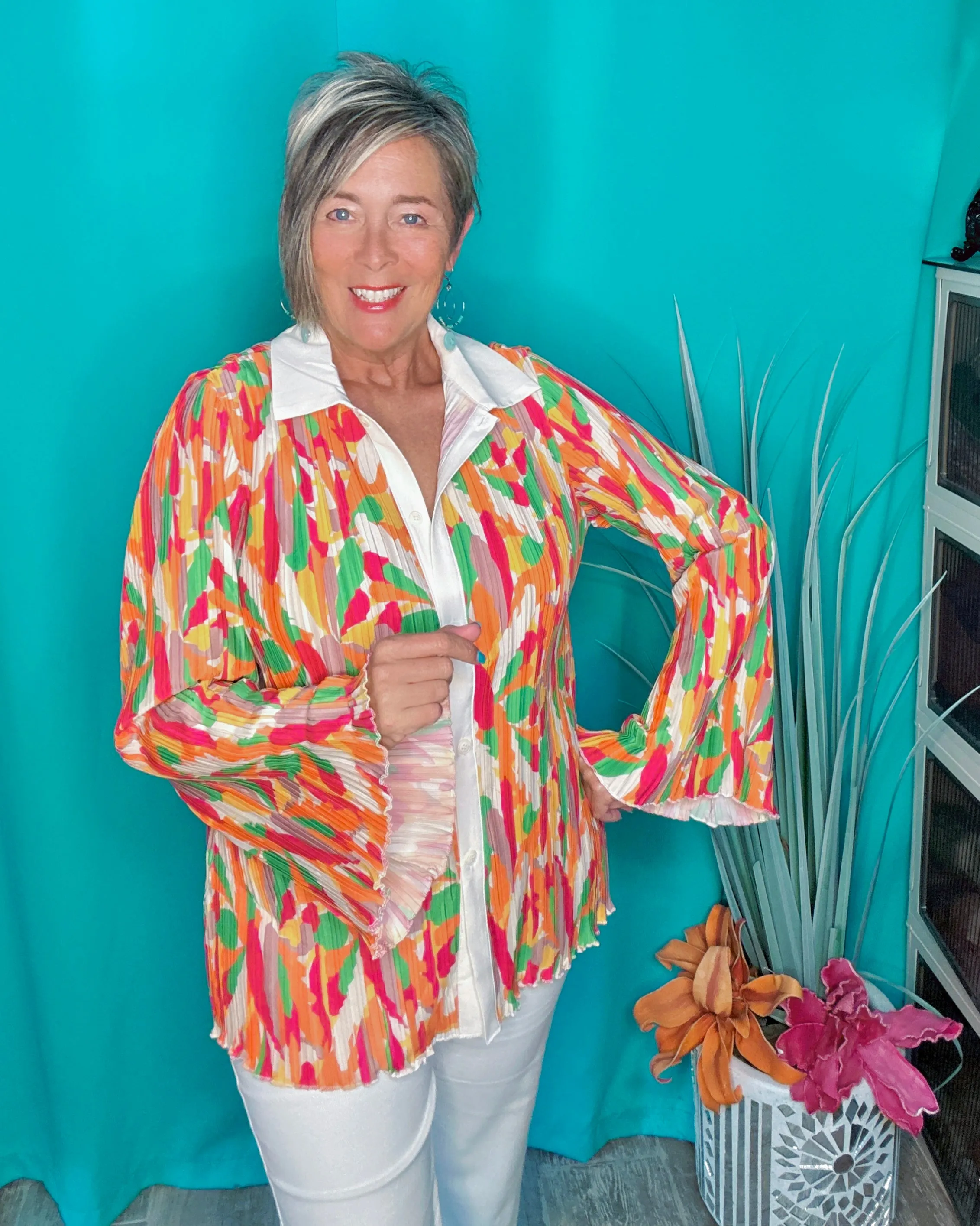 Bright Multicolor Pleat Flare Long Sleeve Button Down Blouse Top