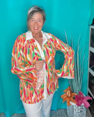 Bright Multicolor Pleat Flare Long Sleeve Button Down Blouse Top