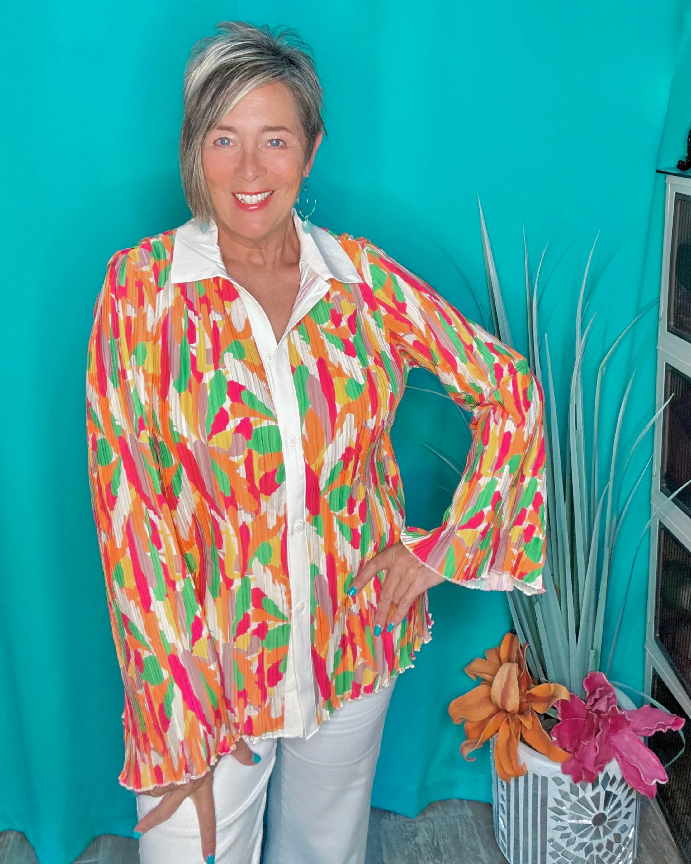 Bright Multicolor Pleat Flare Long Sleeve Button Down Blouse Top