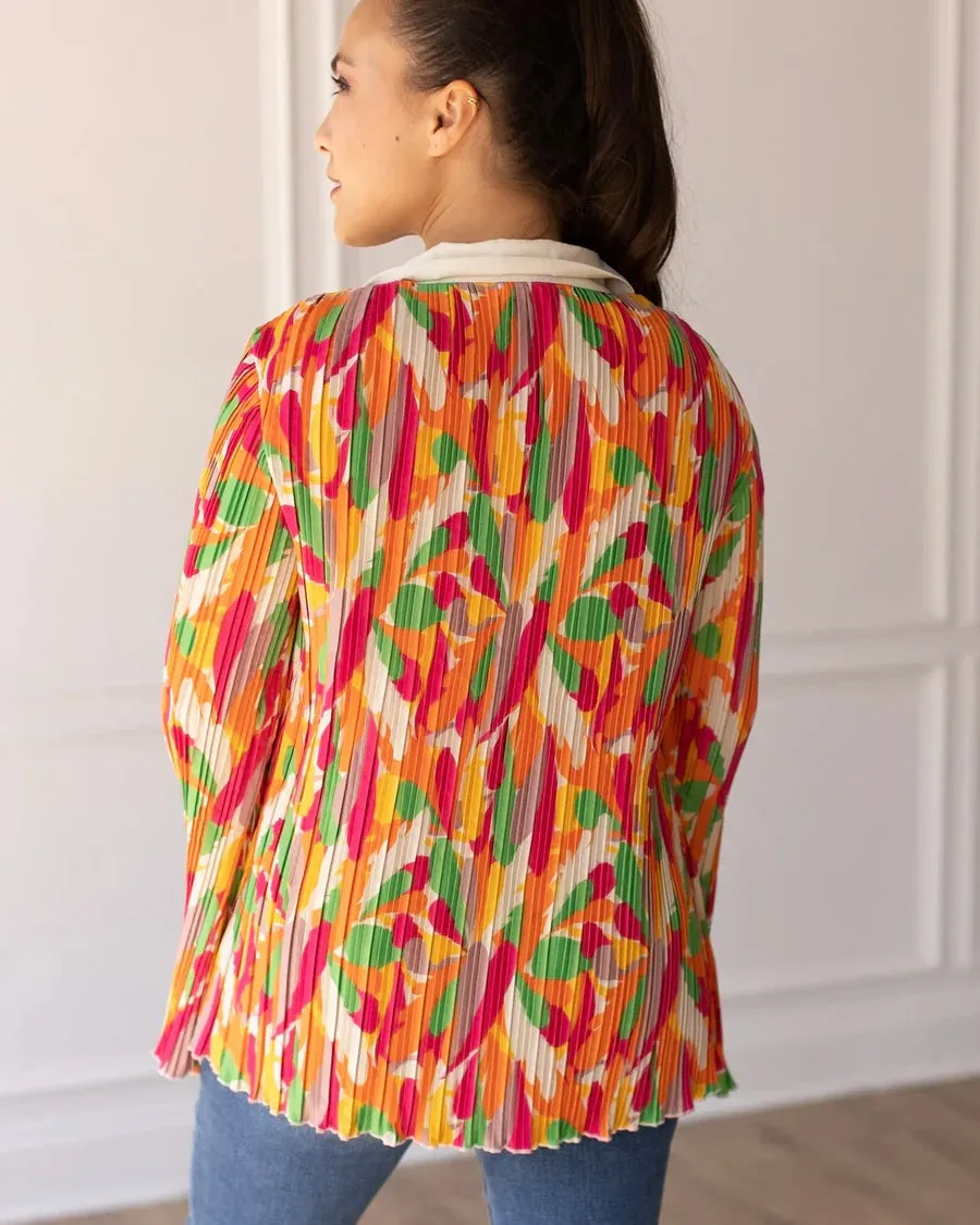 Bright Multicolor Pleat Flare Long Sleeve Button Down Blouse Top