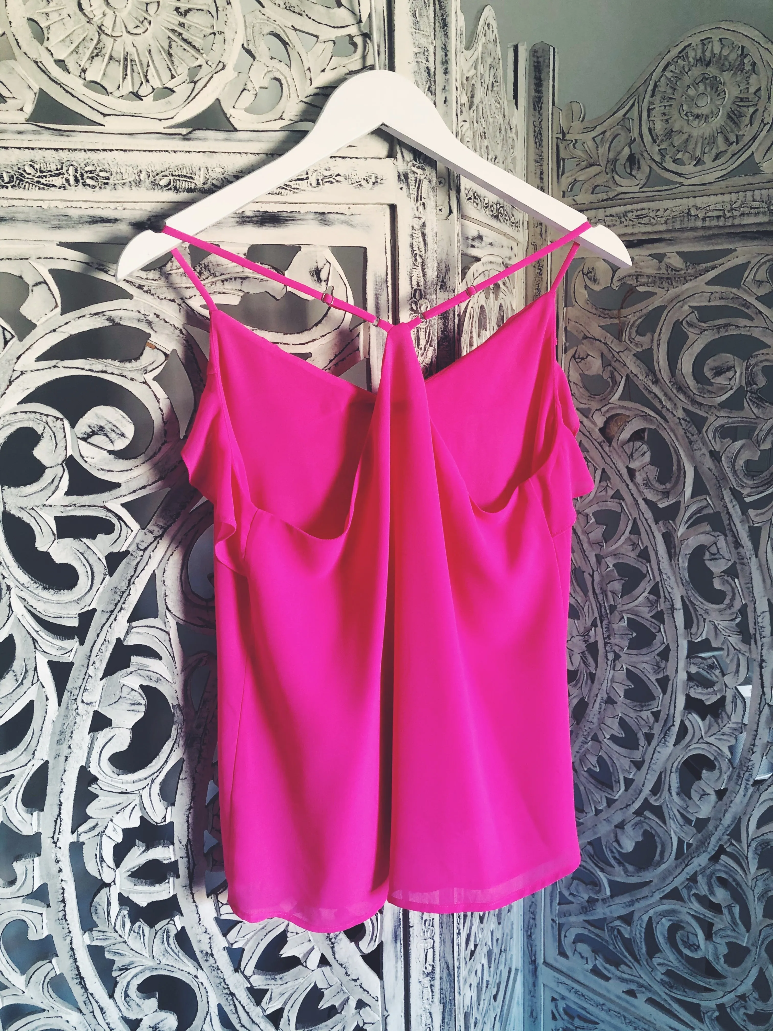 BUTTON DOWN RUFFLE TOP - HOT PINK