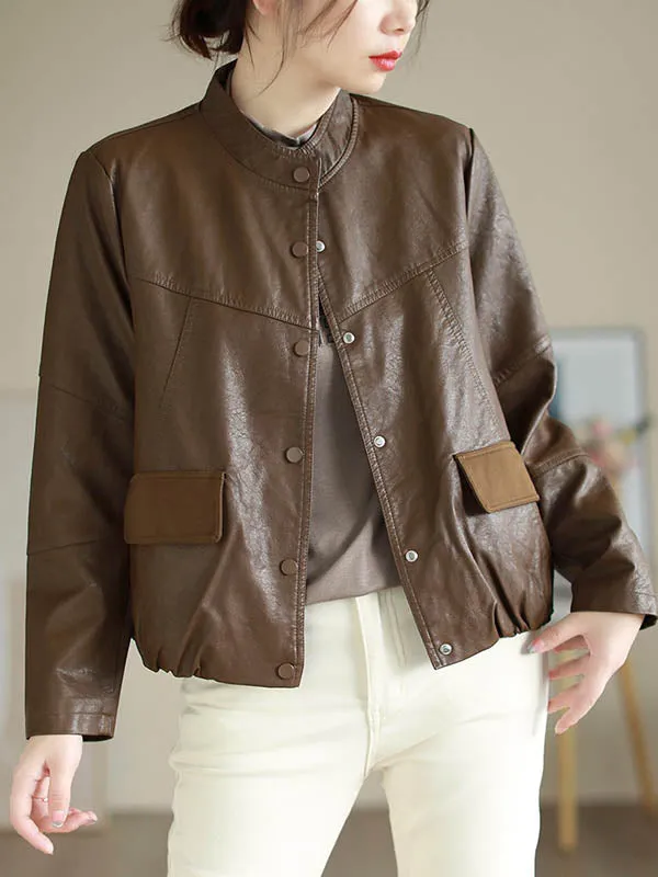 Buttoned Pleated Pockets Split-Joint Long Sleeves Loose Stand Collar Outerwear Jackets