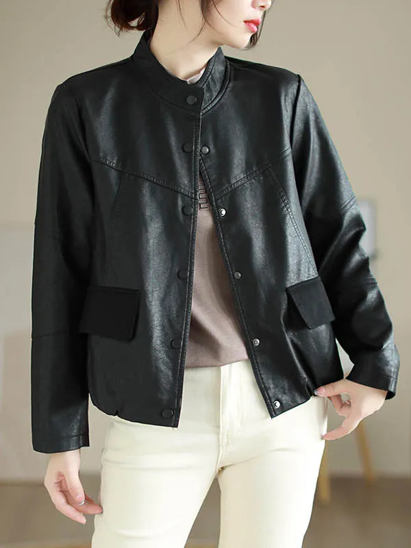 Buttoned Pleated Pockets Split-Joint Long Sleeves Loose Stand Collar Outerwear Jackets