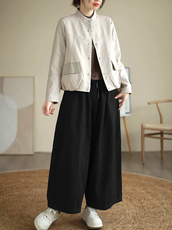Buttoned Pleated Pockets Split-Joint Long Sleeves Loose Stand Collar Outerwear Jackets