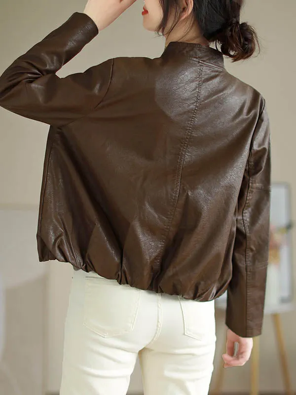 Buttoned Pleated Pockets Split-Joint Long Sleeves Loose Stand Collar Outerwear Jackets