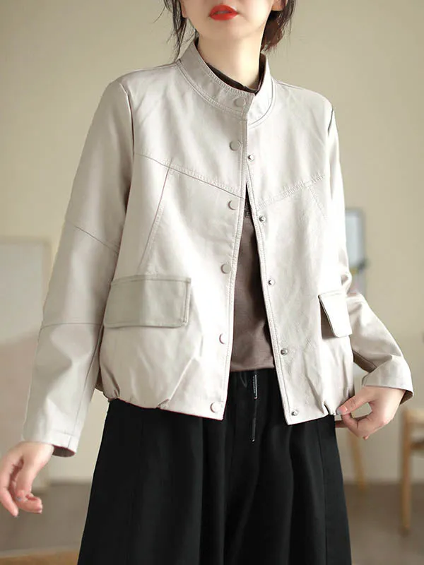 Buttoned Pleated Pockets Split-Joint Long Sleeves Loose Stand Collar Outerwear Jackets