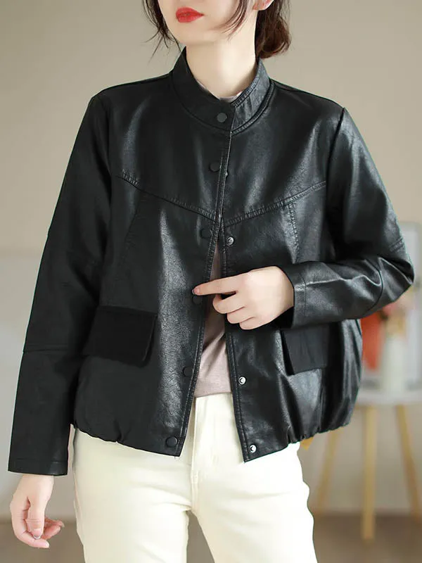 Buttoned Pleated Pockets Split-Joint Long Sleeves Loose Stand Collar Outerwear Jackets