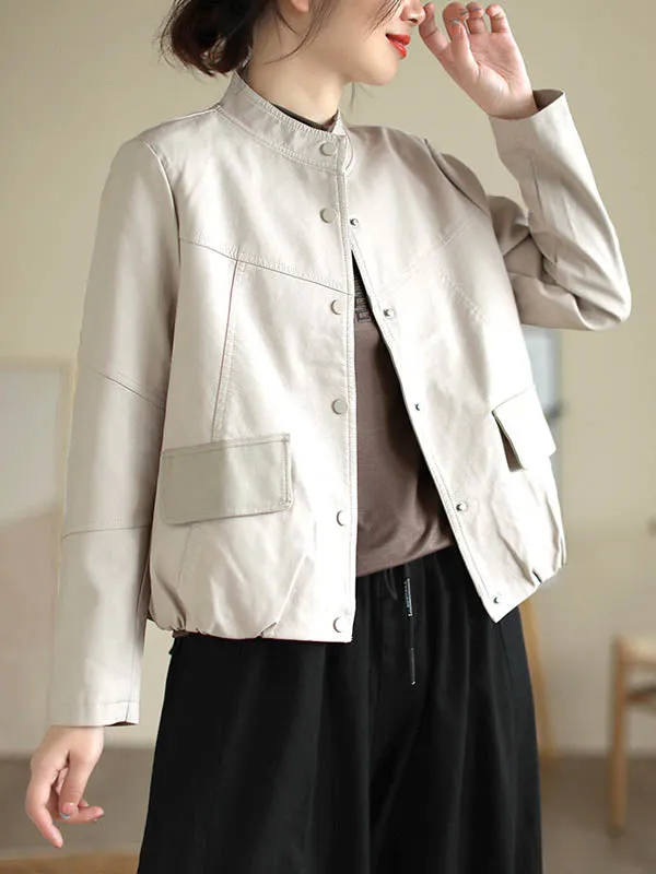 Buttoned Pleated Pockets Split-Joint Long Sleeves Loose Stand Collar Outerwear Jackets