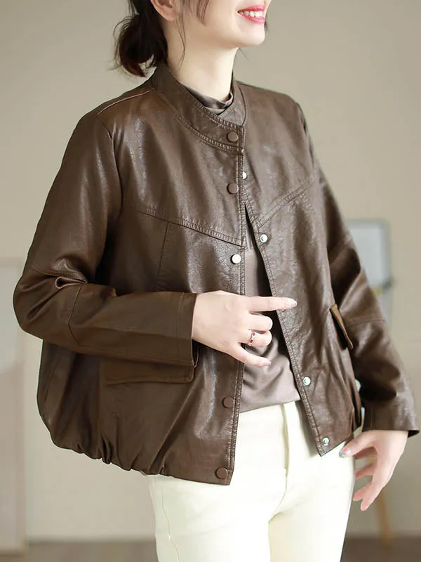 Buttoned Pleated Pockets Split-Joint Long Sleeves Loose Stand Collar Outerwear Jackets