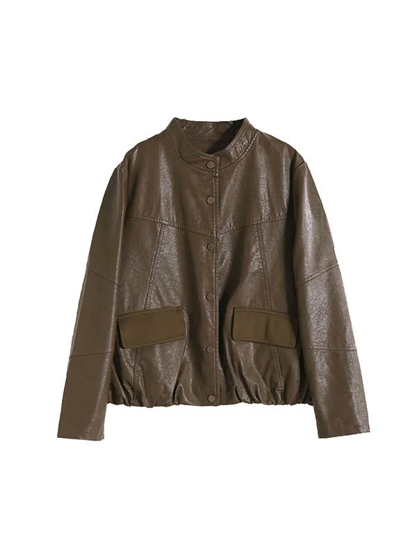 Buttoned Pleated Pockets Split-Joint Long Sleeves Loose Stand Collar Outerwear Jackets