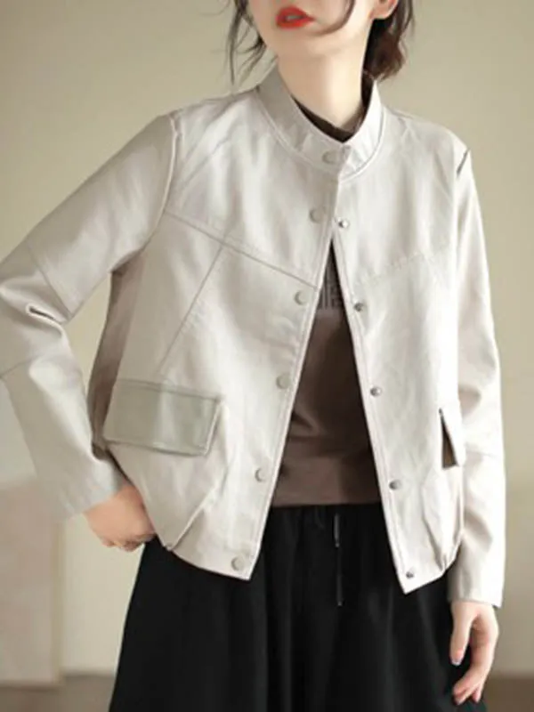 Buttoned Pleated Pockets Split-Joint Long Sleeves Loose Stand Collar Outerwear Jackets