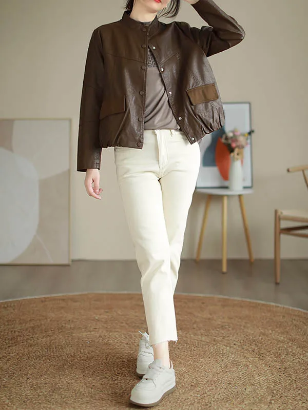 Buttoned Pleated Pockets Split-Joint Long Sleeves Loose Stand Collar Outerwear Jackets