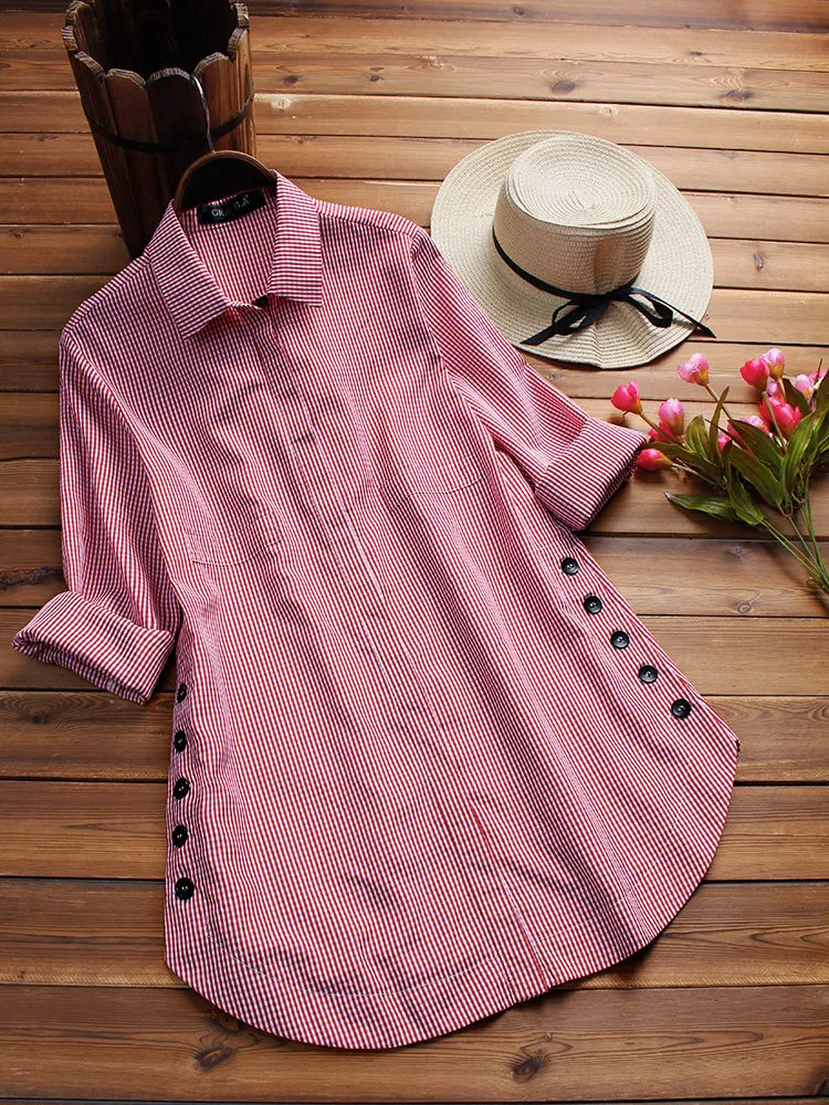 Casual Plaid Print Side Buttons Irregular Long Sleeve Blouses For Women