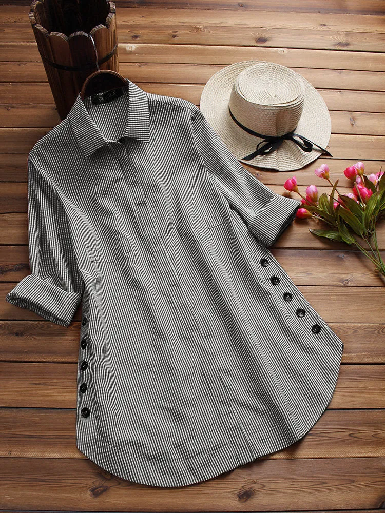 Casual Plaid Print Side Buttons Irregular Long Sleeve Blouses For Women