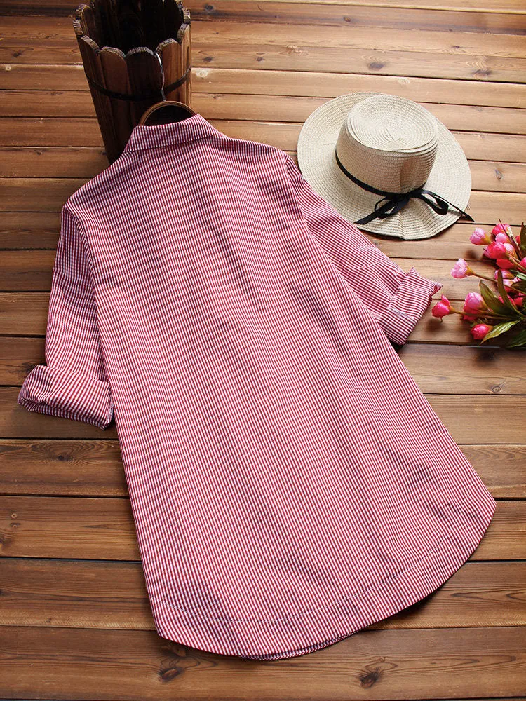 Casual Plaid Print Side Buttons Irregular Long Sleeve Blouses For Women