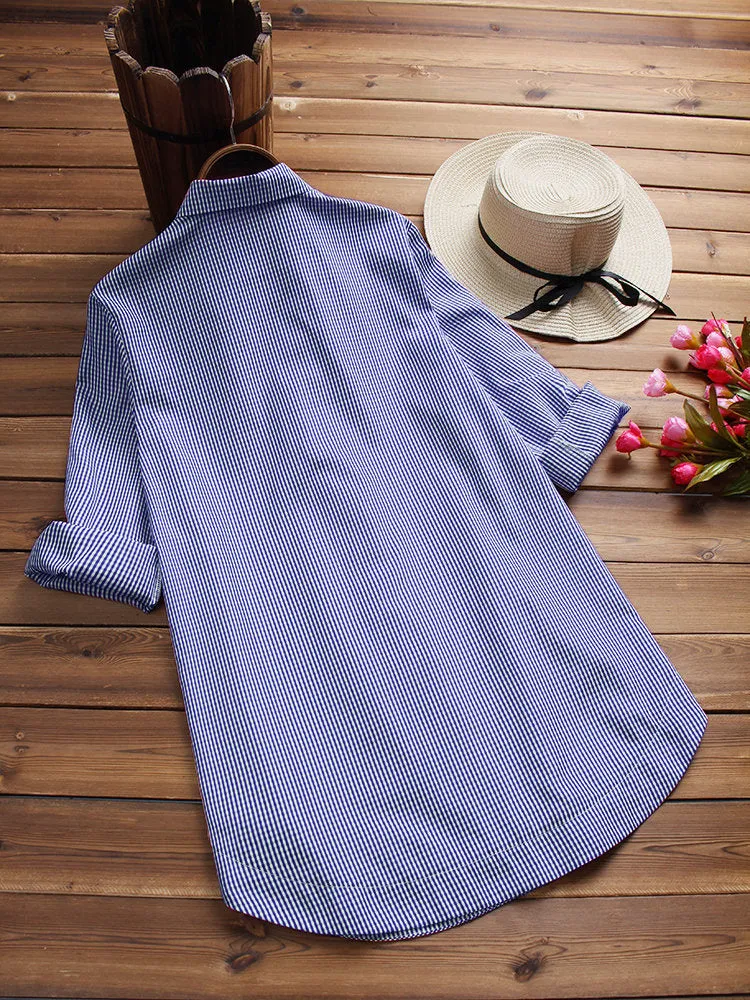 Casual Plaid Print Side Buttons Irregular Long Sleeve Blouses For Women