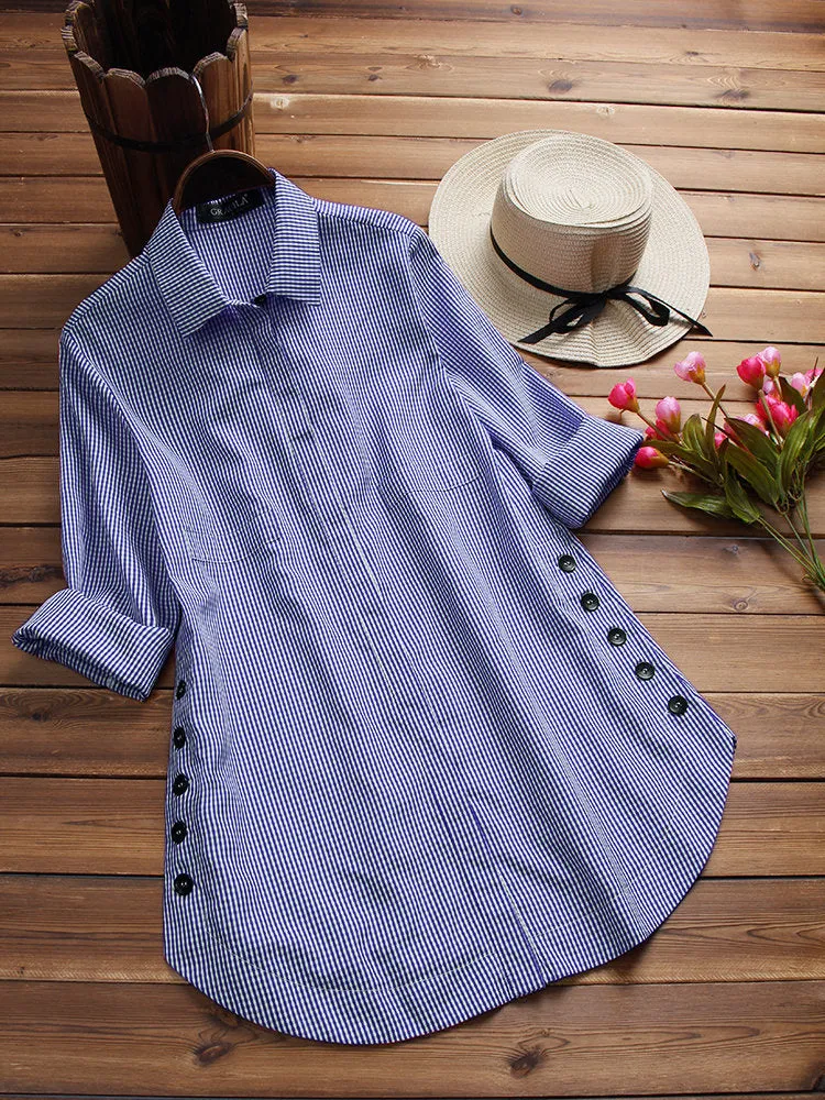Casual Plaid Print Side Buttons Irregular Long Sleeve Blouses For Women