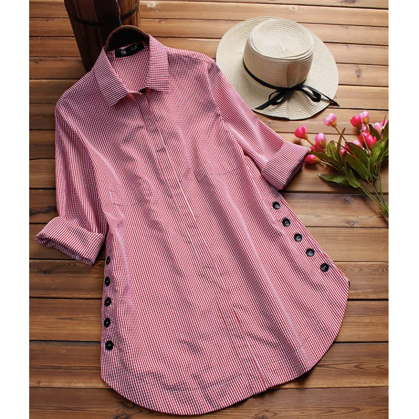 Casual Plaid Print Side Buttons Irregular Long Sleeve Blouses For Women