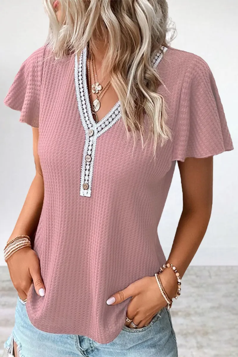 Casual Solid Patchwork V Neck T-Shirts