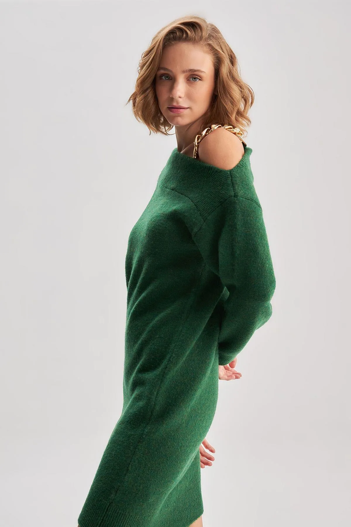 Chain Detailed Boat Neck Green Knitwear Dress