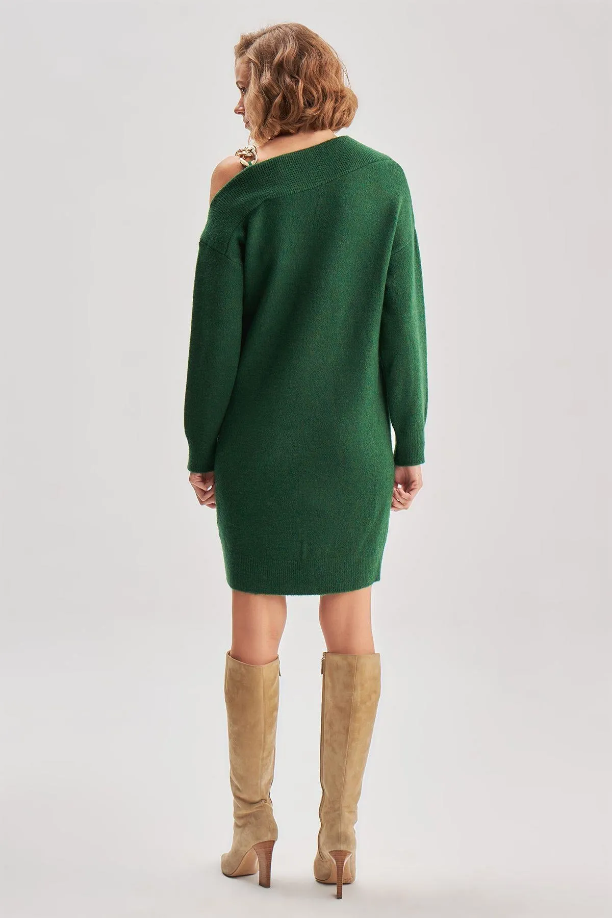 Chain Detailed Boat Neck Green Knitwear Dress