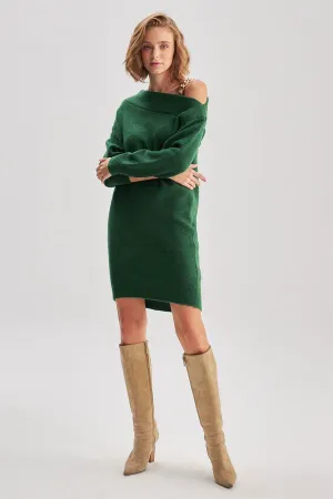 Chain Detailed Boat Neck Green Knitwear Dress