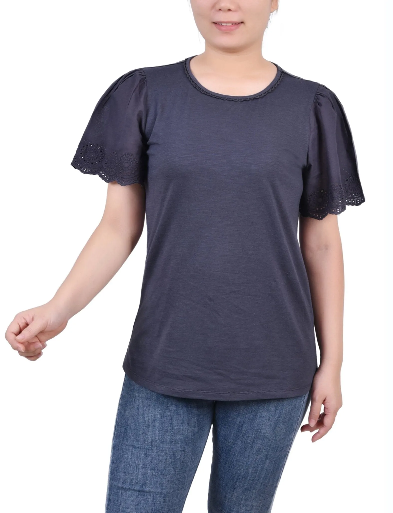 Charcoal Short Flutter Eyelet Sleeve Pullover