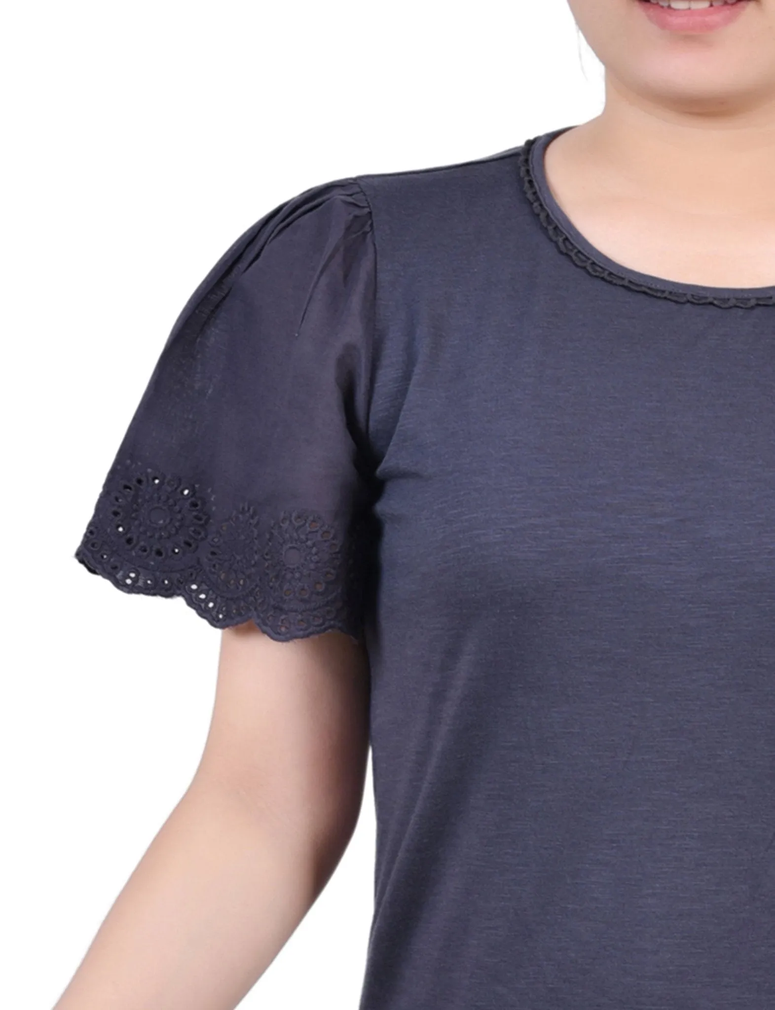 Charcoal Short Flutter Eyelet Sleeve Pullover