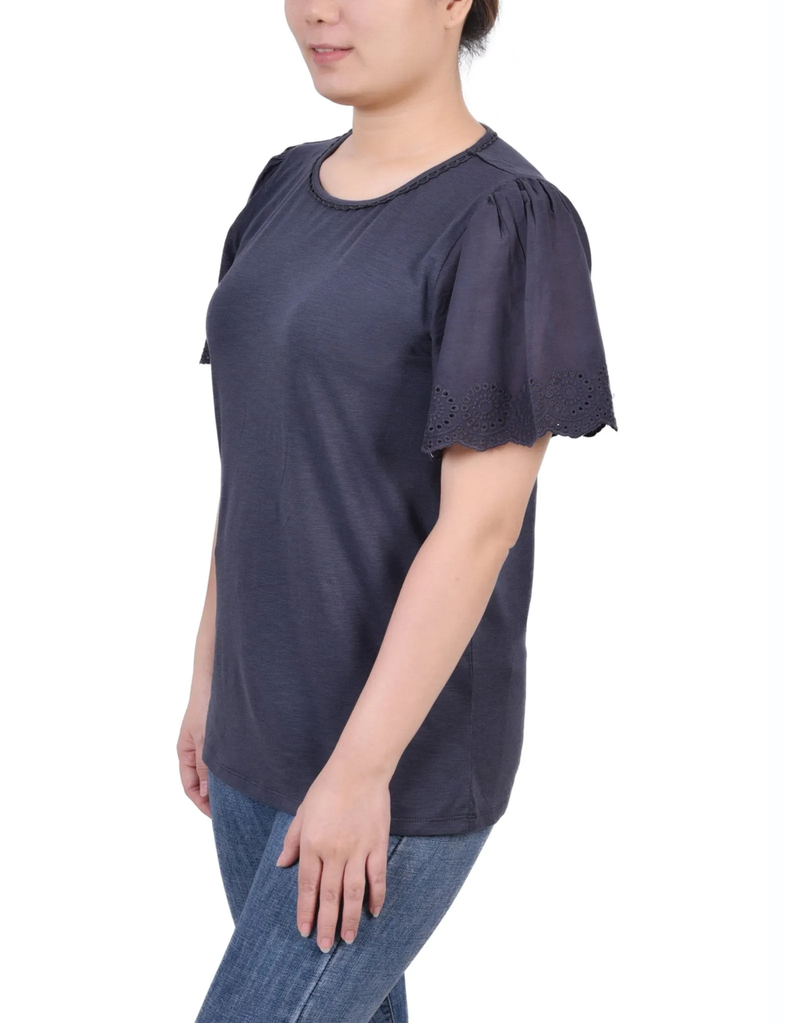 Charcoal Short Flutter Eyelet Sleeve Pullover
