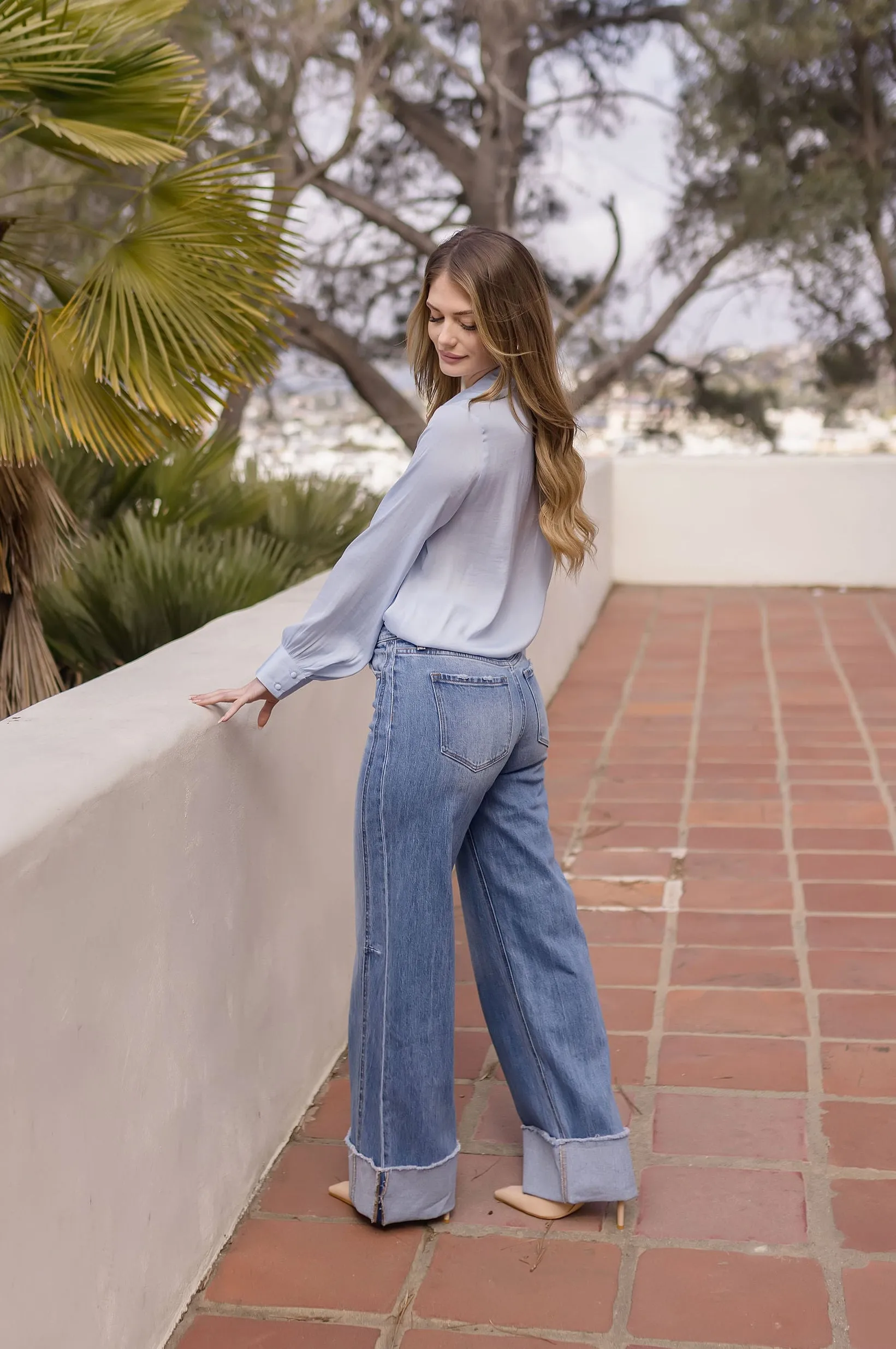 Colleen Long Sleeve Button Down Satin Top Blue