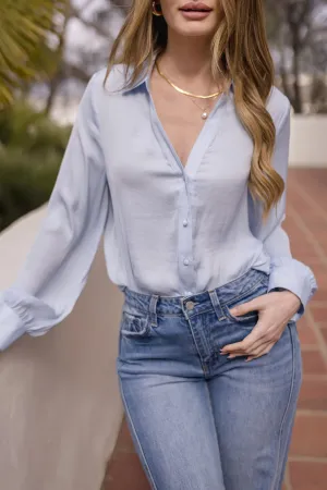 Colleen Long Sleeve Button Down Satin Top Blue