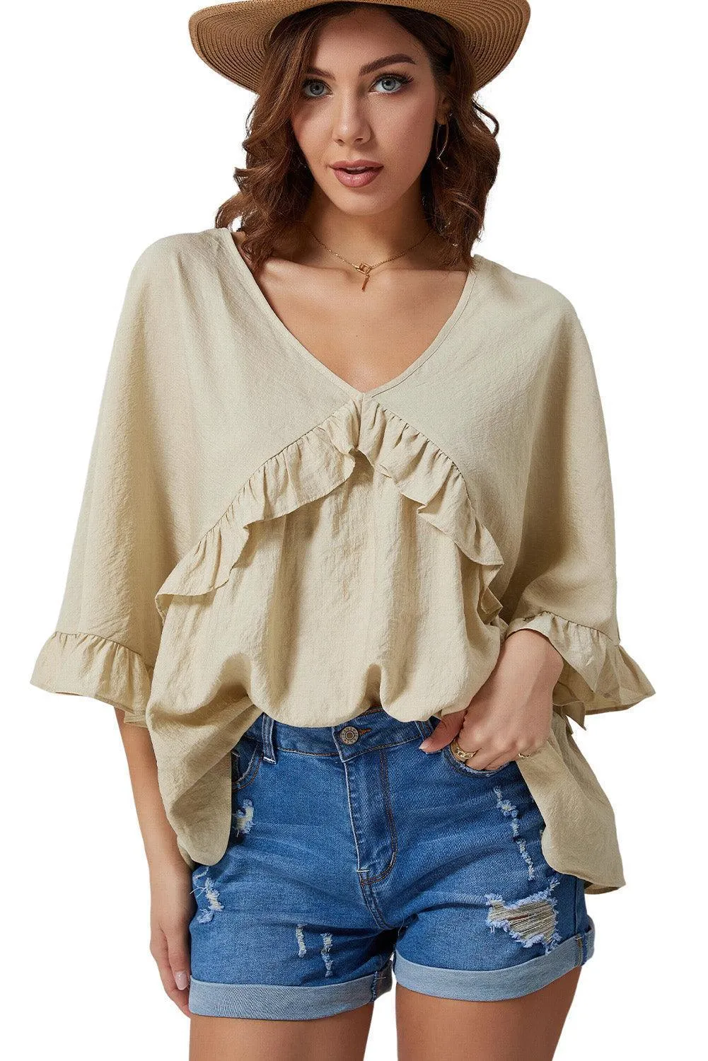 Comfy In Style V-Neck Ruffle Bell Sleeve Blouse