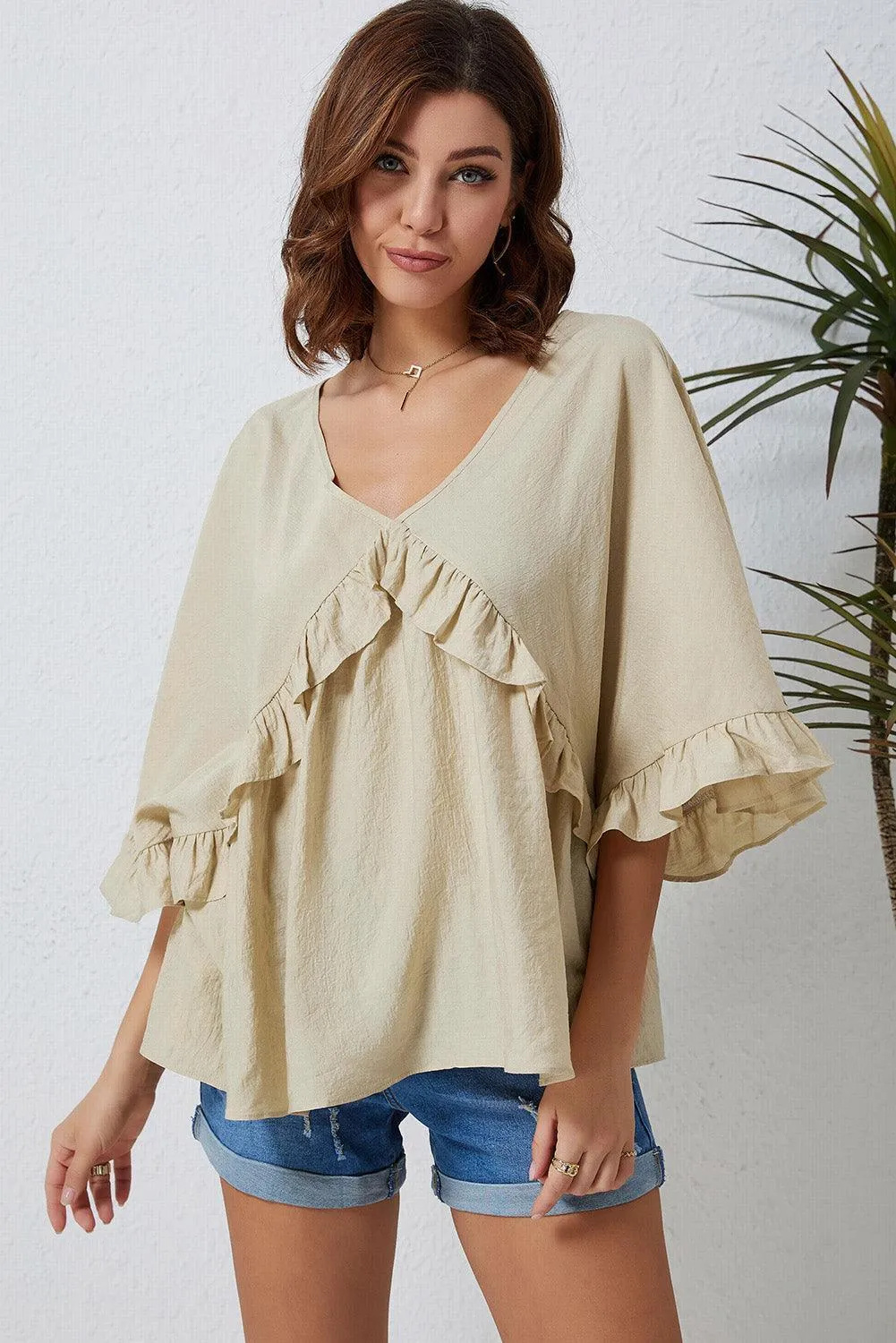 Comfy In Style V-Neck Ruffle Bell Sleeve Blouse