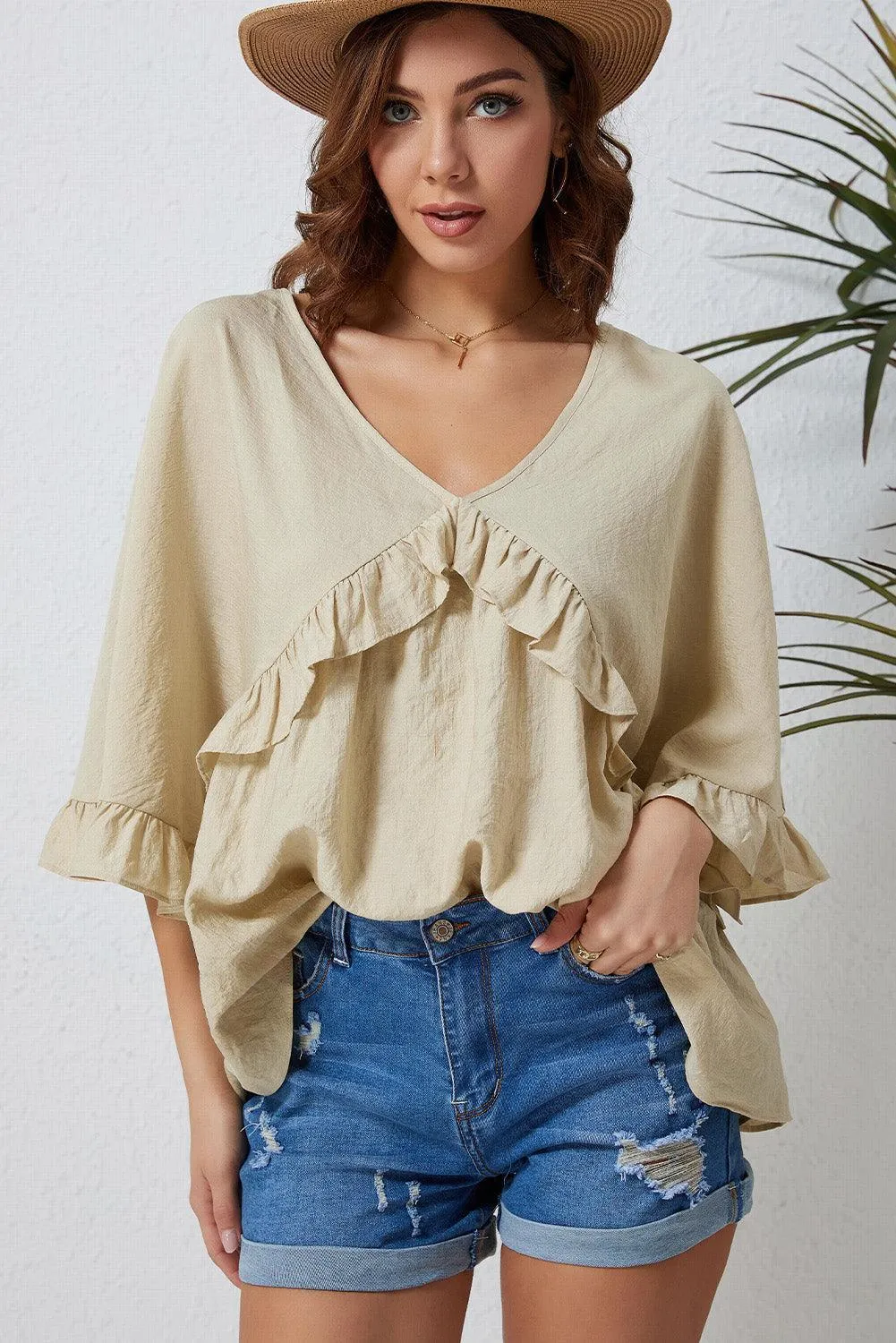 Comfy In Style V-Neck Ruffle Bell Sleeve Blouse