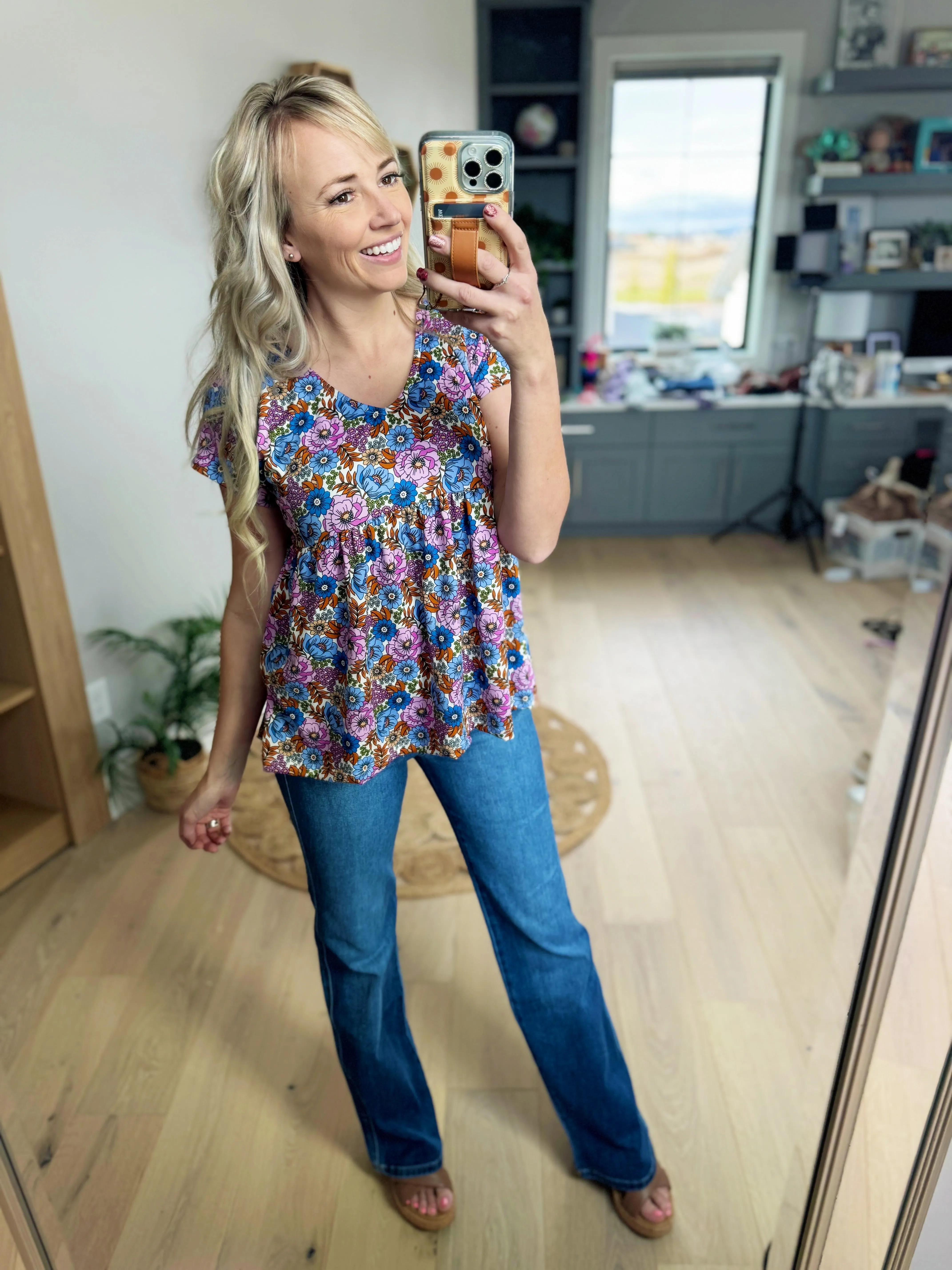 Connections Floral Babydoll Top in Denim and Lavender