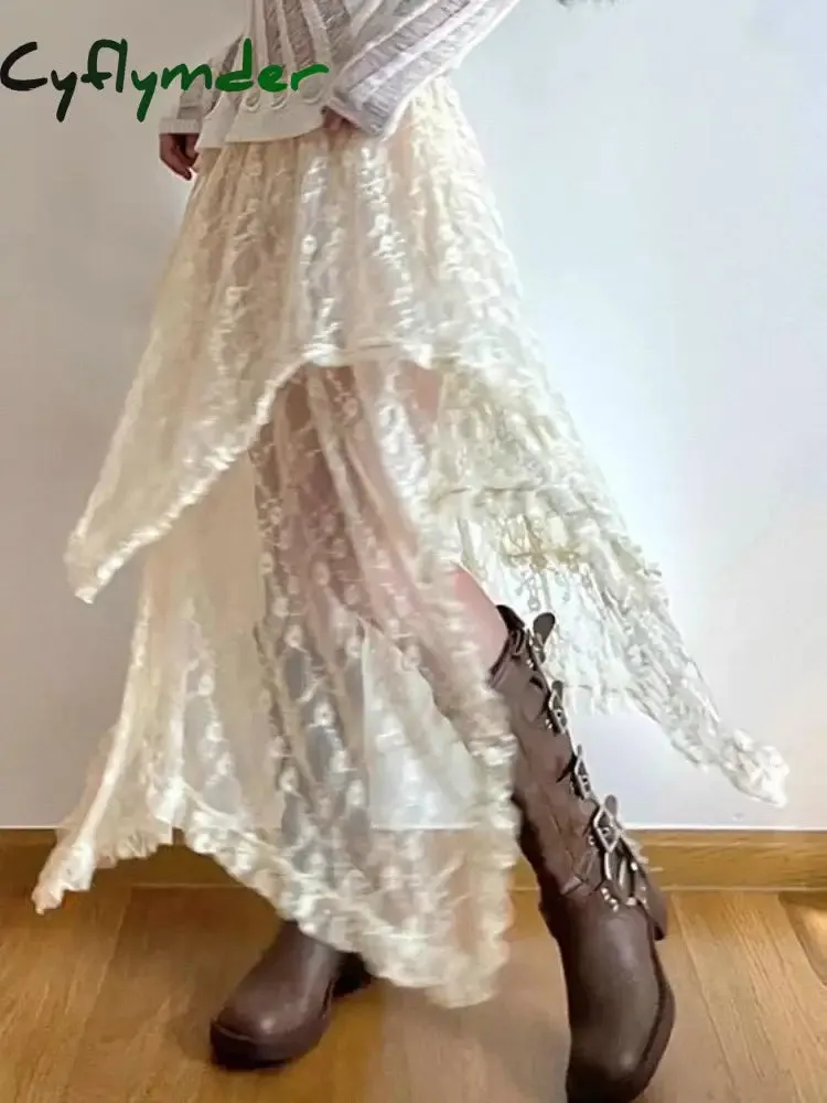 Cyflymder Asymmetrical Lace Skirts Women Summer Clothing Soft All-match Chic Streetwear Y2k Trendy Korean Style Loose Ladies Party Faldas