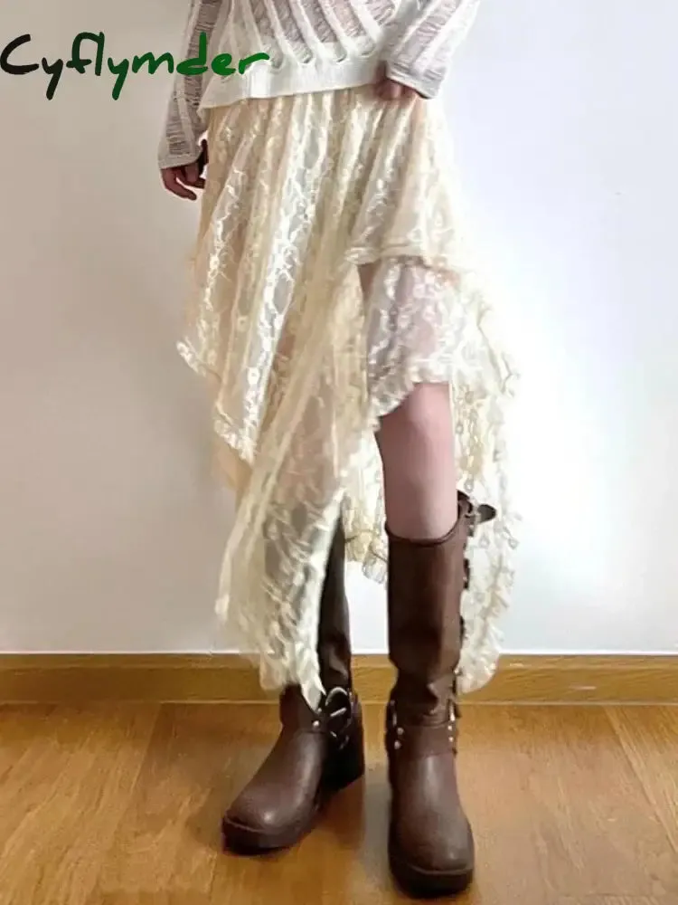 Cyflymder Asymmetrical Lace Skirts Women Summer Clothing Soft All-match Chic Streetwear Y2k Trendy Korean Style Loose Ladies Party Faldas