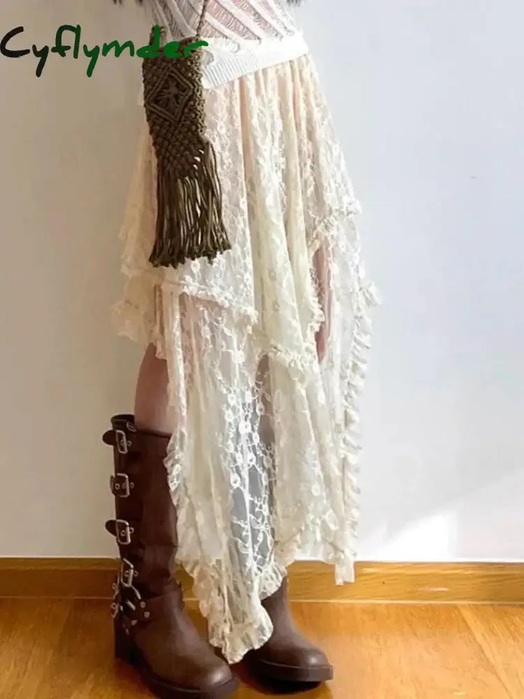 Cyflymder Asymmetrical Lace Skirts Women Summer Clothing Soft All-match Chic Streetwear Y2k Trendy Korean Style Loose Ladies Party Faldas